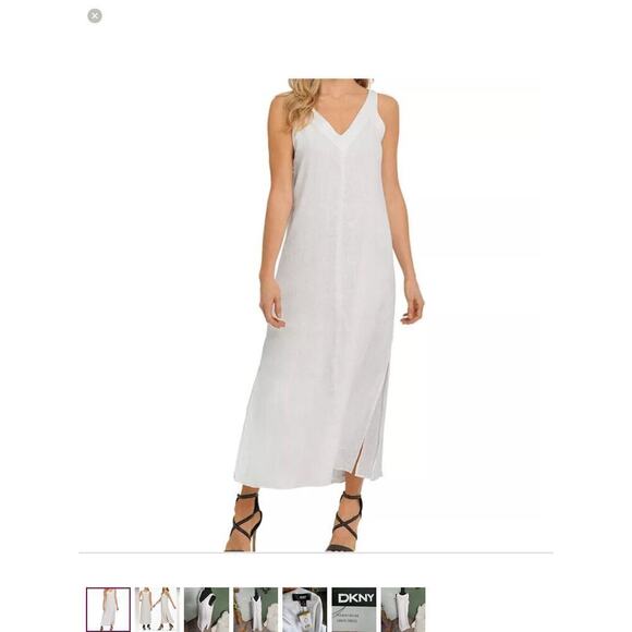 DKNY Linen V Neck long Maxi shift  Dress white sleeveless extra small nwt - Picture 1 of 8
